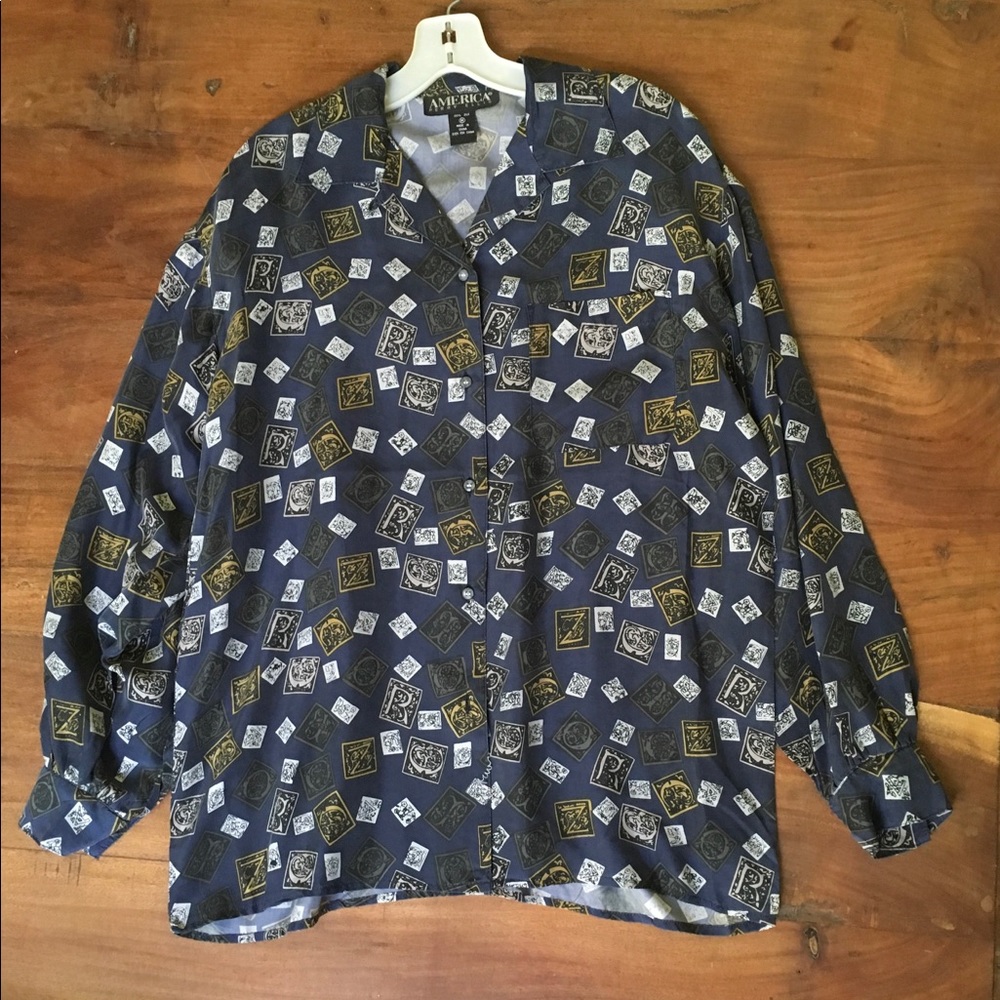New Perry Ellis Silk Navy Print Blouse